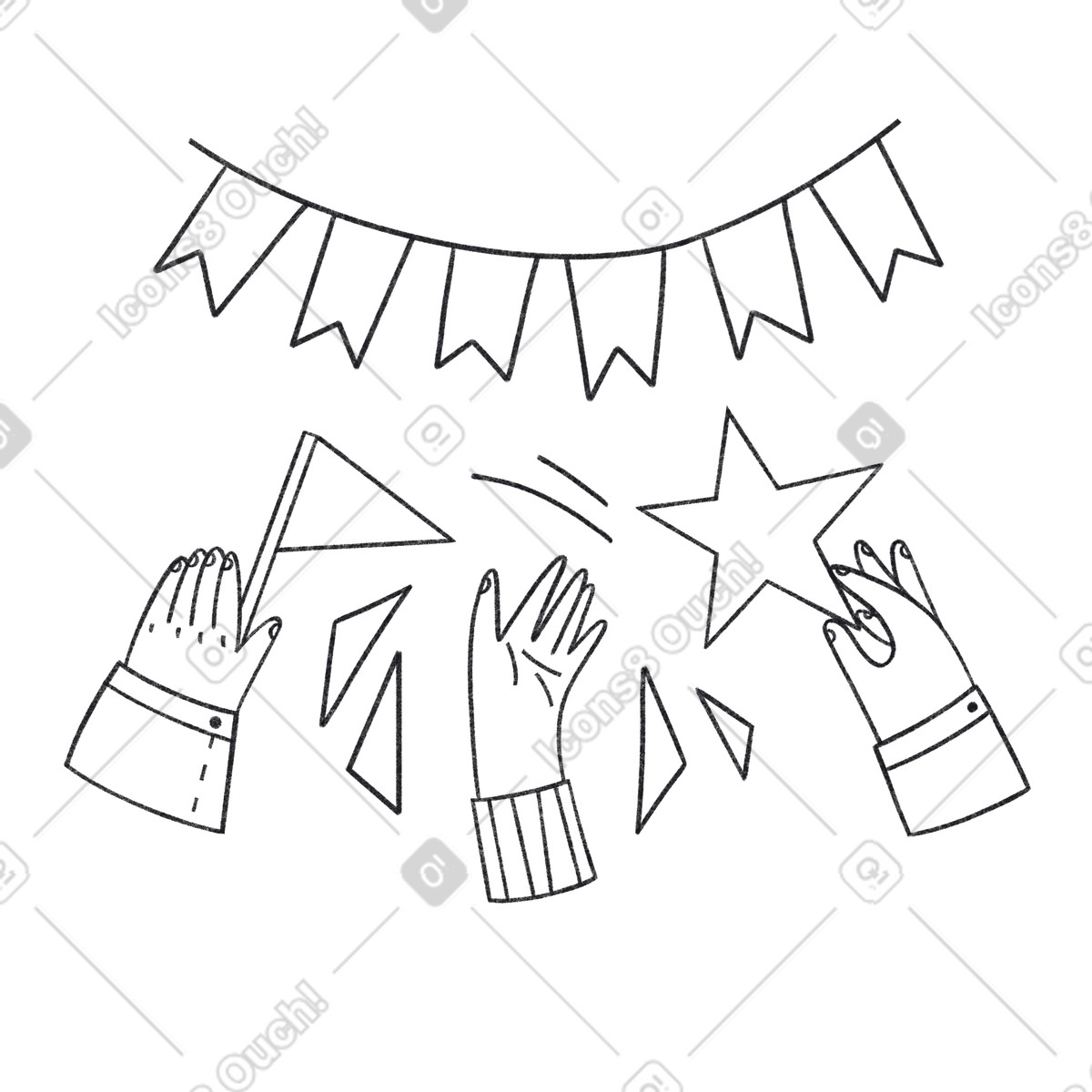 Bandiere festive e mani decorate illustrazione in stile Bonbon Line scarica in PNG, SVG