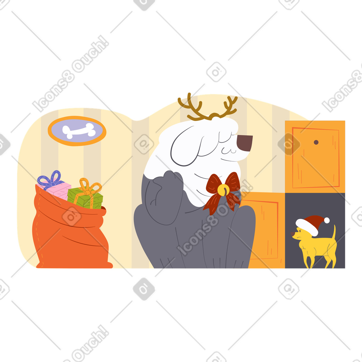 Dogs celebrating christmas with bag of gifts illustration in Woof style download in PNG, SVG