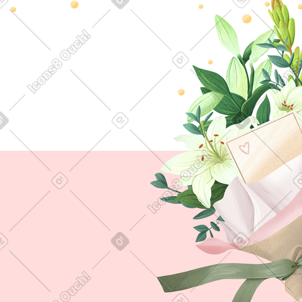 Floral スタイルの Lilies bouquet with ribbon and envelope, Romantic message template のイラストをPNG、SVG形式でダウンロード