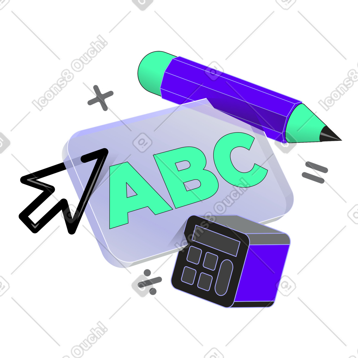 Lettering abc con matita, calcolatrice e testo di segni matematici illustrazione in stile Incut scarica in PNG, SVG