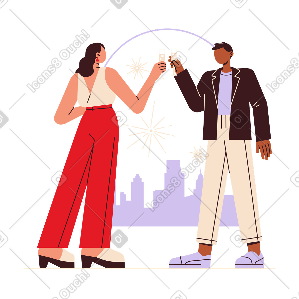 Ilustração de Friends toasting in front of city skyline, New Year celebration em no estilo Folks para baixar em PNG, SVG