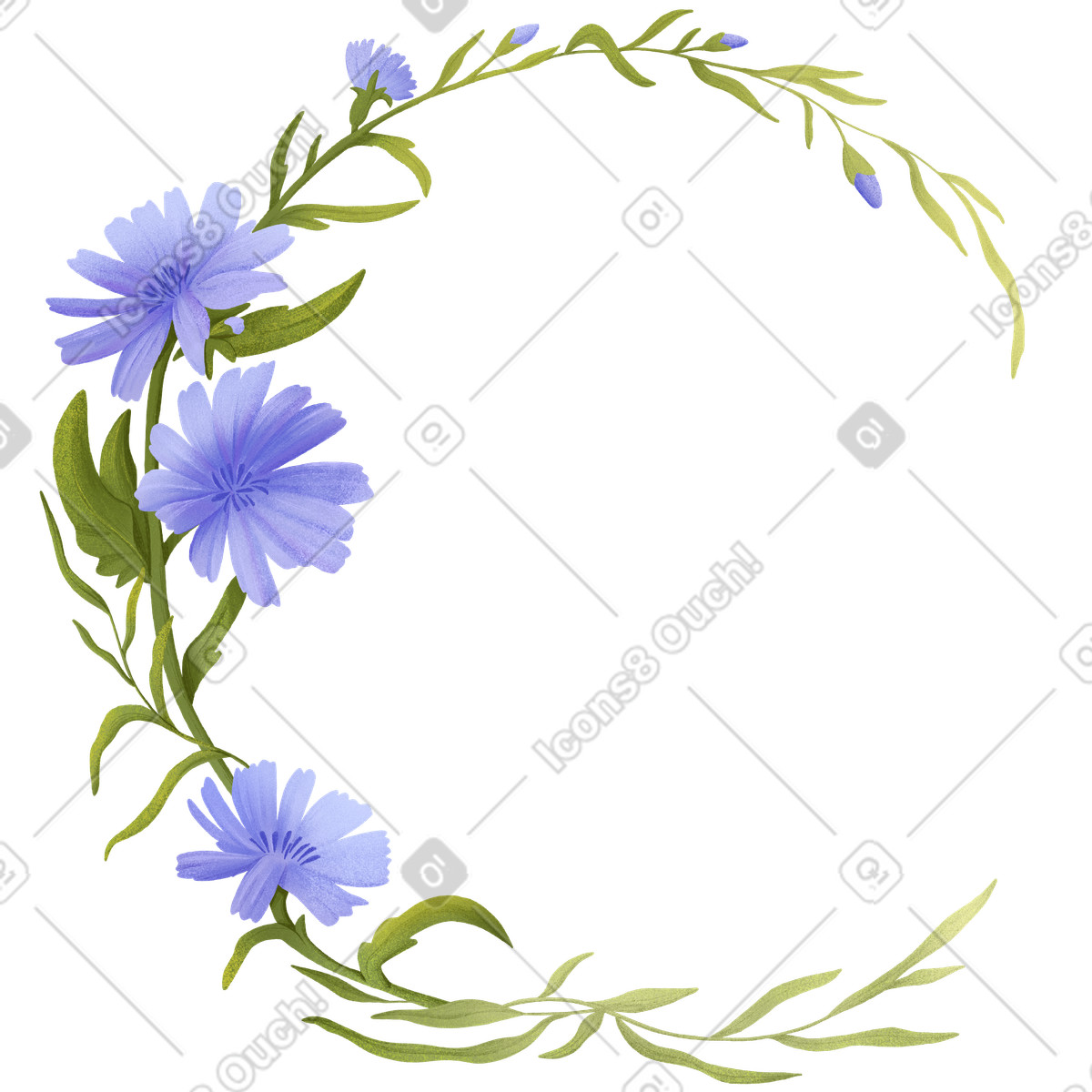Blaue kornblumen in einem halbrunden kranz-Illustration im Floral-Stil als Download PNG, SVG
