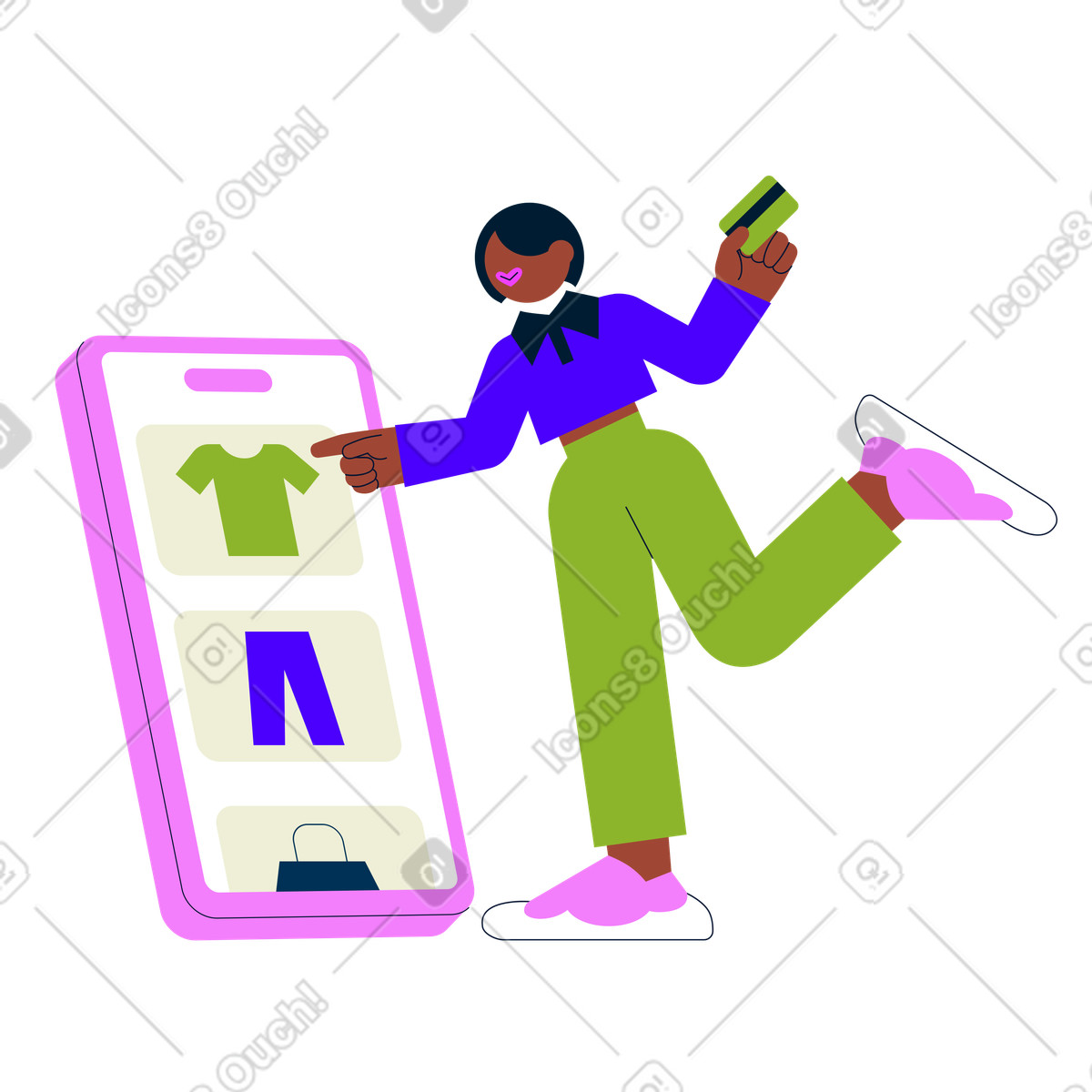 Ilustración animada La mujer está haciendo compras móviles en estilo Cubes a descargar en GIF, Lottie (JSON), AE