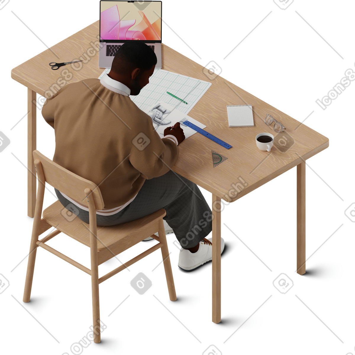 Isometric view of young man sketching chair illustration in 3D Hygge style download in PNG, SVG