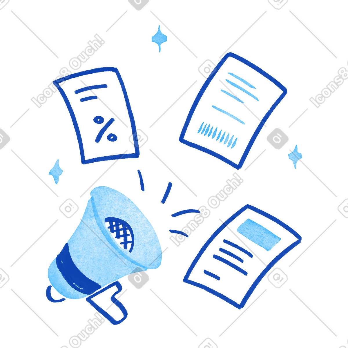 Ilustración Megaphone spreading promotional documents and marketing messages around loudspeaker en estilo Tint a descargar en PNG y SVG