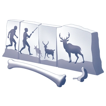 A series of cave wall panels featuring intricate drawings. The panels depict various humans and animals in dynamic poses. Each human figure is engaged in activities like hunting or gathering, showcasing a deep connection with their surroundings. The animals, including deer and bison, are illustrated in detail, capturing their movements and expressions. Prominently featured are the femur bones of both humans and animals, highlighted to emphasize their importance in the context of strength and mobility. The overall scene evokes a sense of ancient life and interaction between humans and wildlife.