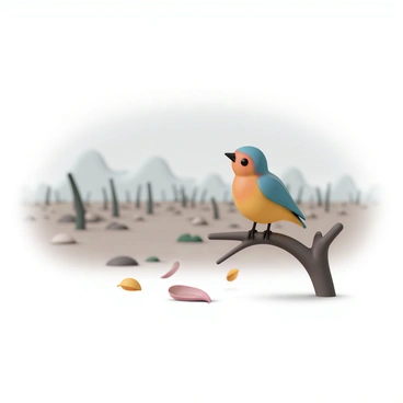 A small, colorful bird with vibrant plumage perched on a bare branch. The background features a barren landscape with sparse vegetation, indicating deforestation and habitat loss. The sky is overcast, casting a grayish light over the scene, highlighting the urgency of the bird's situation. The bird has a worried expression, looking attentively at its surroundings, while a few scattered leaves fall to the ground.
