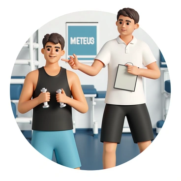A young athlete, wearing a black tank top and blue shorts, is performing hammer curls in a modern gym. The athlete has short brown hair and is focused on lifting a pair of dumbbells with both hands, arms bent at a 90-degree angle. Beside the athlete, a coach, wearing a white polo shirt and black shorts, is demonstrating the correct form. The coach has a clipboard in hand and is providing verbal instructions, pointing towards the athlete's arms. In the background, gym equipment and motivational posters are visible, creating an energetic training atmosphere.