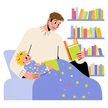 A father with short brown hair wearing a cozy sweater is sitting on the edge of a bed, gently tucking a small child under a colorful blue blanket. The child, with tousled blonde hair and wearing pajamas decorated with stars, looks up with wide eyes. A bookshelf filled with children's books is positioned in the background. The father holds a bright picture book in one hand, ready to begin the bedtime story. A soft nightlight casts a warm glow in the room, creating a comforting atmosphere.