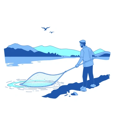 A fisherman is standing on the banks of the Jordan River, casting a large net into the water. The river reflects the soft light of dawn, creating a tranquil scene. The fisherman is wearing a simple shirt and trousers, and his silhouette contrasts with the lightening sky. In the background, there are gentle hills, partially shrouded in mist. The water is rippling gently where the net enters, and a few birds are flying overhead, hinting at the start of a new day.