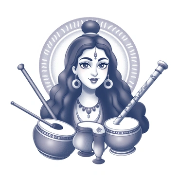 A detailed representation of "Durga's face" showing strong and expressive features. Surrounding her are "traditional musical instruments," including a tabla, a sitar, and a flute. Each instrument is intricately designed, showcasing their unique shapes and details. The background features decorative patterns that signify cultural richness, enhancing the overall composition. The scene captures a sense of connection between the divine and the art of music, emphasizing their significance in the cultural heritage.