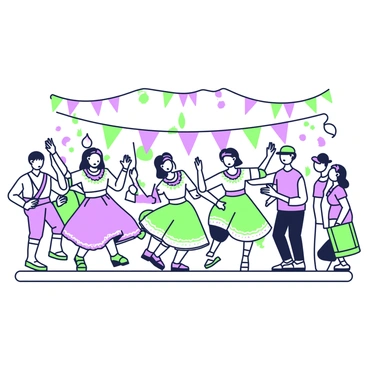 An illustration of a vibrant cultural festival takes center stage. In the foreground, a group of dancers is performing energetically, wearing colorful traditional costumes adorned with intricate patterns. Some dancers are twirling gracefully, while others are leaping, their movements filled with rhythm. Nearby, musicians are playing a variety of instruments, including drums and flutes, contributing to the lively atmosphere. Spectators surround the performers, clapping and cheering, adding to the excitement of the scene. Colorful banners and decorations are displayed in the background, enhancing the festive ambiance.