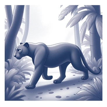 A panther is walking through a dense tropical rainforest. Its sleek, muscular body moves gracefully among the lush foliage. The panther's fur is covered in raindrops, which glisten as they catch the light filtering through the canopy above. Surrounding the panther are tall trees with broad leaves, and vibrant plants create a rich texture in the environment. The ground is a mix of damp earth and fallen leaves, indicating the recent rain. The atmosphere is filled with the sounds of nature, adding depth to the scene.