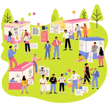 A vibrant community event takes place in a park filled with green grass and trees. Colorful booths are set up around the area, each displaying banners with quotes about social causes and creativity. Young people of diverse backgrounds are engaged in various activities, such as painting, crafting, and giving presentations. Some are talking with visitors, while others are leading workshops. Balloons in bright colors float above the booths, and there are groups of people enjoying food from food trucks nearby. The atmosphere is lively, filled with smiles and interactions among community members.