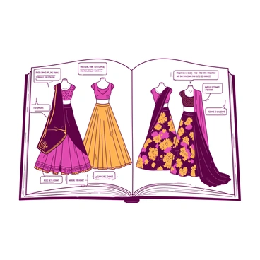A duotone layout features multiple “lehenga” styles displayed prominently on the page. Each lehenga is elegantly draped on a mannequin, showcasing intricate designs and patterns. The first lehenga is in a flowing style with detailed gold embroidery, paired with a matching crop top. The second lehenga is vibrant, made of a rich fabric featuring a floral print, accompanied by a stylish dupatta. The third lehenga presents a contemporary look with geometric patterns in contrasting colors. Around each lehenga, there are descriptive tags highlighting the unique features, materials used, and styling tips. The background is subtle, allowing the lehengas to stand out as the focal point.