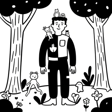 A friendly Frankenstein's monster standing in a lush forest clearing, surrounded by various woodland creatures. The monster has a large, square-shaped head and is wearing a patchwork outfit. Small animals like squirrels, rabbits, and birds are gathered around him, some sitting on his shoulders and others at his feet. Tall trees with thick trunks and an array of leaves create a natural backdrop. Sunlight filters through the branches, casting soft shadows on the forest floor. A few mushrooms and wildflowers add detail to the ground around the friendly creature and his animal companions.