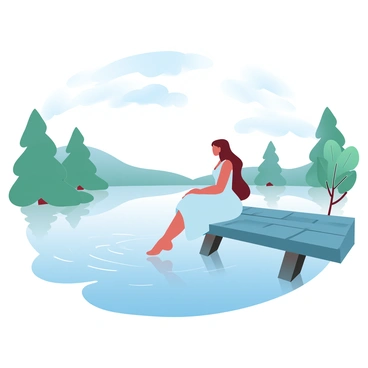 A woman with long hair is sitting peacefully on a wooden dock. She is wearing a flowing dress that gently moves with the breeze. The lake stretches out before her, reflecting the cloudy sky above. Gentle ripples disturb the water's surface, creating soft patterns. Surrounding the dock are lush green trees, their leaves rustling lightly. The overall atmosphere is calm and serene, filled with natural beauty.