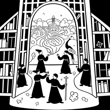 Multiple wizards dressed in flowing robes are gathered in a tall, cylindrical fantasy tower. Each wizard is holding a staff, with one wizard raising a hand casting a glowing spell that illuminates the surrounding area. The interior of the tower is lined with ancient bookshelves filled with tomes and scrolls. On the floor, intricate magical runes are inscribed, pulsing with energy. Above them, a large, arched window reveals a view of a sprawling, complex maze filled with winding paths and towering hedges, hinting at the exit they are desperately trying to locate. Magical symbols float in the air around them as they work together to unravel the mysteries of their surroundings.