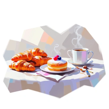 A breakfast spread featuring a small, elegantly decorated gateau placed on a delicate plate, surrounded by freshly baked, golden-brown croissants arranged artfully. A steaming cup of coffee with a rich brown color sits nearby in a white ceramic mug. The scene is complemented by a light tablecloth that enhances the warmth of the pastries, creating an inviting atmosphere for breakfast. The gateau is adorned with a light dusting of powdered sugar and a few berries on top, adding a pop of color.