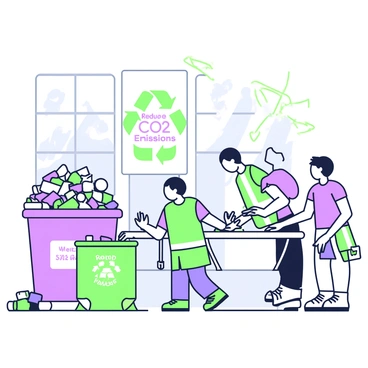 A recycling center is bustling with activity as people sort materials. In the foreground, there are two individuals, one wearing a green safety vest and the other in a purple t-shirt, both standing at sorting stations filled with various items. To the left, there is a large bin labeled "Plastic" filled with clear and colored containers. Next to it, there is another bin marked "Metal" with aluminum cans piled high. In the background, a sign displays the message "Reduce CO2 Emissions" prominently, surrounded by green and purple arrows indicating recycling. Sunlight streams in through large windows, illuminating the scene with a bright and energetic ambiance.