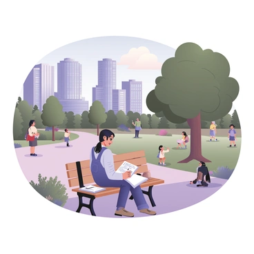A digital flat illustration featuring an artist seated on a park bench in Seattle, focused on sketching the surrounding scenery. The artist has curly black hair tied back and is wearing a light blue shirt and denim overalls. The sketchbook on their lap showcases a blend of urban and natural elements. In the background, there are tall, modern buildings with glass facades and a large, green tree with dense foliage. A pathway winds through the park, lined with colorful flowers and bushes. A few people can be seen walking nearby, including a woman with a dog and a child playing with a kite. The sky above is clear with a few fluffy clouds.