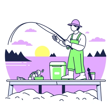 A fisherman is standing on a wooden dock, focused on switching out bait on his fishing rod. He is wearing a wide-brimmed hat and a light-colored shirt, while holding the rod in one hand and the bait in the other. Various fishing gear is scattered around him, including a tackle box and an insulated cooler. In the background, the sun sets on the horizon, casting a warm glow over the water. Silhouettes of distant trees can be seen along the shoreline, and a few clouds reflect the light of the sunset, enhancing the tranquil scene.