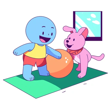 A blue cartoon character with a large round head and a cheerful smile is performing a Russian twist on a green exercise mat. The character has oversized limbs and is wearing a bright yellow tank top and matching shorts. Next to them, a pink cartoon character with floppy ears and a playful expression is also doing a Russian twist, wearing a red bandana around its neck. Both characters are facing each other, with their arms outstretched to hold a large orange ball between them. Sunlight filters in through a nearby window, illuminating the scene and creating a lively atmosphere for their morning routine.
