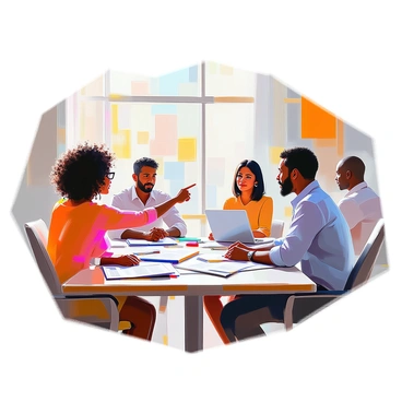 A diverse newsroom filled with journalists engaged in a discussion about presenting a fair story. In the foreground, a woman with curly hair and glasses is pointing at a notepad, while a man with dark skin and a beard is listening attentively. Nearby, a woman with straight black hair is typing on a laptop, and a man with light skin is leaning back in his chair, contemplating. Various notes and articles are scattered across the table, and a large window in the background allows sunlight to pour into the space, illuminating the vibrant atmosphere of collaboration.
