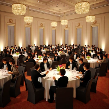 A large banquet hall with elegant decor and bright, sparkling chandeliers hanging from the high ceiling. The scene is filled with guests in formal attire, including men in tuxedos and women in flowing evening gowns. The tables are adorned with white tablecloths and sophisticated centerpieces featuring floral arrangements. Guests are seated at round tables, engaged in lively conversation and raising glasses filled with champagne. Soft, ambient lighting fills the room, highlighting the luxurious atmosphere of the inauguration gala.