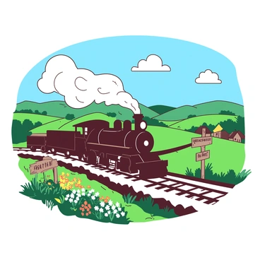 A vintage steam train with a shiny black exterior is traveling along a winding track through a picturesque countryside. The train emits a plume of white steam from its chimney, creating a dramatic effect against the clear blue sky. Surrounding the train, vibrant green fields stretch out, dotted with clusters of colorful wildflowers in various shades. In the distance, rolling hills are visible, creating a serene backdrop. A small wooden sign beside the track indicates the name of the nearby village. A few fluffy white clouds float lazily above the scene.