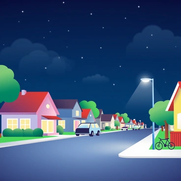 A suburban neighborhood is depicted at night, illuminated by bright artificial lights. The houses are lined up along a clean street, with well-manicured lawns. Light spills from the windows, casting warm glows on the sidewalks. Streetlights are strategically placed, providing additional illumination and creating soft shadows. The sky above is a deep navy blue, completely devoid of stars. A few clouds are faintly visible, illuminated by the neighborhood lights. Cars are parked along the curbs, and a bicycle is resting against a tree.