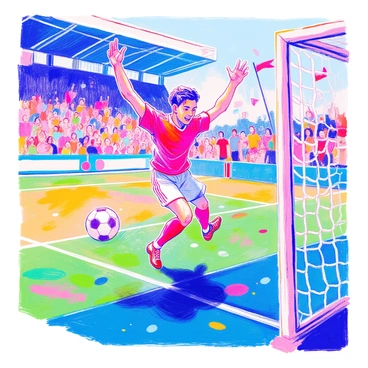A soccer player with short dark hair is leaping into the air in celebration after scoring a goal. His arms are raised high, and he has an ecstatic expression on his face. He is wearing a red jersey with white shorts and cleats. The soccer ball is captured mid-air as it strikes the back of the net, sending ripples through the mesh. The scene is set on a vibrant green soccer field, with a crowd in the background cheering and waving flags.