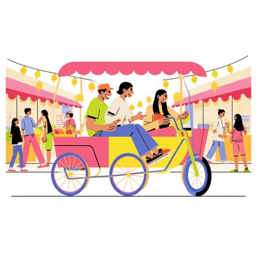 A colorful rickshaw with a vibrant canopy is carrying three smiling tourists. The rickshaw is surrounded by busy market stalls adorned with various goods, including bright fruits, vegetables, and local handicrafts. In the background, people are shopping and interacting, creating a lively atmosphere. Strings of lanterns hang overhead, adding to the festive feel of the bustling Asian market. The tourists are wearing casual clothing and appear excited as they take in the sights around them.