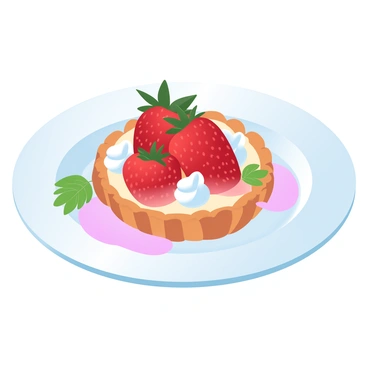 A gourmet dessert plate is presented with a delicate strawberry tart at the center. The tart features a crisp, golden-brown crust filled with rich pastry cream. Fresh strawberries, glossy and vibrant red, are artfully arranged on top of the cream. Surrounding the tart are small dollops of whipped cream and a light drizzle of bright berry sauce. The plate is white, enhancing the colors of the dessert, and is garnished with a few mint leaves for a touch of green. The setting is elegant, perfect for fine dining.