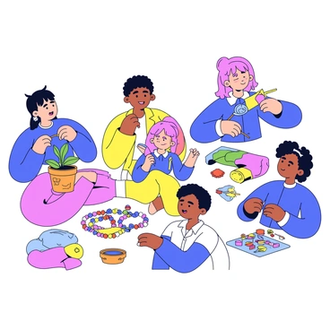 A bright and colorful illustration depicting several people engaged in various DIY crafts. On the left, a woman is painting a flower pot with vibrant colors, while next to her, a man is assembling a wooden birdhouse using tools. In the center, a child is making friendship bracelets with colorful beads, showing excitement. On the right, another individual is gluing pieces of fabric onto a canvas to create a collage. Each person is focused on their craft, surrounded by supplies like paint, brushes, and scissors, with a magazine title at the top that reads "DIY Crafts."