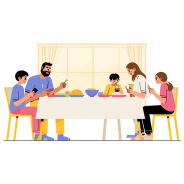 A dinner table set with a white tablecloth and a variety of colorful dishes. A father with a beard is sitting on one side, looking at his smartphone, while a mother with long brown hair sits across from him, also focused on her device. Two children, one boy and one girl, are seated beside each parent, each holding their own smartphones. The boy has short hair and is wearing a blue t-shirt, while the girl has pigtails and is dressed in a pink dress. The background shows a cozy dining room with warm lighting.