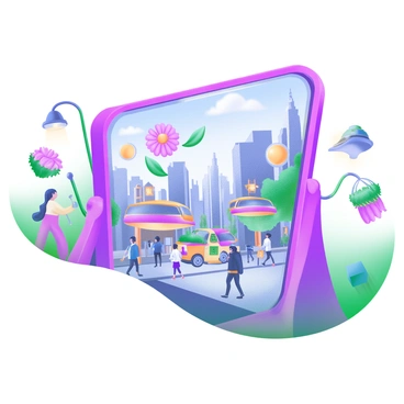 A detailed scene featuring a large mirror positioned prominently on a bustling city street. The mirror reflects a vibrant alternate reality, showcasing a colorful and lively urban environment. On one side of the mirror, a diverse group of people are engaged in various activities, including walking, chatting, and shopping. The other side of the mirror reveals a surreal cityscape, with whimsical architecture, floating vehicles, and oversized flowers lining the streets. Streetlights emit a warm glow, and trees with bright, pastel-colored leaves frame the scene. The atmosphere is lively, full of movement and energy.
