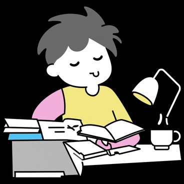 A person sitting at a wooden desk late at night, illuminated by a warm glowing lamp. They have tousled hair and a sleepy expression on their face, with drooping eyelids. The desk is cluttered with open books and scattered notes. A cup of coffee sits nearby, half-full. The background is dark, indicating it is nighttime.