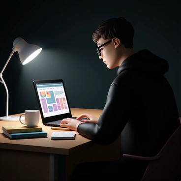A programmer, wearing a black hoodie and glasses, is seated at a wooden desk. The room is dimly lit, with a few LED lights illuminating the space. On the desk, there is a laptop open, displaying a vibrant screen that shows a user interface of completed software, with colorful icons and graphs. The programmer is focused on the screen, with their fingers on the keyboard, ready to type. There are also several programming books and a mug filled with coffee next to the laptop.