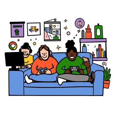 A group of three gamers is sitting together in a cozy room, each one focusing on their own gaming device. To the left, a gamer with light skin and short black hair is using a PC, wearing a headset and looking intently at the screen. In the middle, a gamer with medium skin and long braided hair is playing on a console, holding a game controller and smiling. To the right, a gamer with dark skin and curly hair is using a mobile device, swiping the screen with one hand and showing excitement. The room is decorated with gaming posters, shelves filled with collectibles, and a few colorful LED lights illuminating the space.