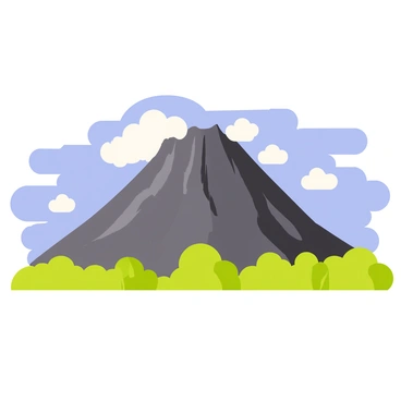 A panoramic view of "Arenal Volcano" with a rugged, conical shape rising prominently in the center. The volcano is surrounded by lush green trees and foliage at its base. "Clouds" are swirling dramatically around its peak, creating a sense of movement in the sky. The background features a bright blue sky with hints of white, fluffy clouds scattered throughout, enhancing the dynamic atmosphere of this natural landscape. Hints of sunlight break through the clouds, casting gentle highlights on the volcano's slopes.