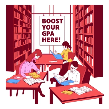 A red library with tall shelves filled with books reaching the ceiling. In the center, there is a large white sign that reads "Boost Your GPA Here!" in bold letters. Several students are sitting at wooden tables, engrossed in reading various textbooks. One student with glasses is flipping through a yellow book, while another student is taking notes from a blue textbook. A third student is leaning back in a chair, holding an orange book, with a focused expression on their face. Sunlight filters through large windows, illuminating the space where students are engaged in their studies.