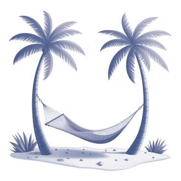 A hammock is suspended between two tall palm trees, their fronds gently swaying in the breeze. The hammock is intricately woven, hanging low and appearing comfortable. The ground beneath the trees is sandy, dotted with small seashells. In the background, there are lush tropical plants and a hint of waves lapping at the shore. The scene conveys a sense of tranquility and an invitation to relaxation.