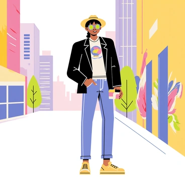 A stylish person stands confidently in an urban setting, surrounded by tall buildings and bustling streets. They are wearing a tailored black blazer over a graphic t-shirt, complemented by slim-fit jeans and trendy sneakers. Accessories include a wide-brimmed hat and oversized sunglasses, adding flair to their look. The person has one hand casually in their pocket, while the other holds a coffee cup. A colorful mural on a nearby wall adds vibrancy to the scene, capturing the essence of city life.