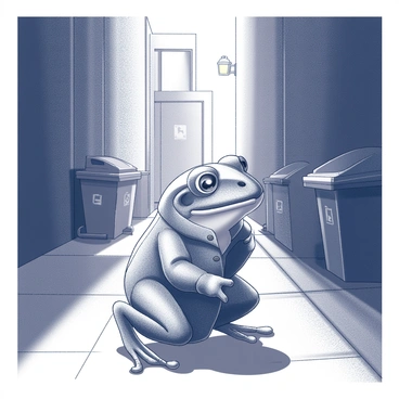 A frog wearing a trench coat is positioned in a shadowy alley. The trench coat is slightly oversized for the frog, with the collar turned up, adding to its secretive demeanor. The frog is crouched low to the ground, moving stealthily with its webbed feet making minimal contact with the pavement. Surrounding the frog, the alley is dimly lit, with shadows casting intricate patterns on the brick walls. There are scattered refuse bins and a flickering streetlight in the distance, enhancing the atmosphere of secrecy. The frog's eyes are wide and alert, scanning the surroundings for any signs of movement.