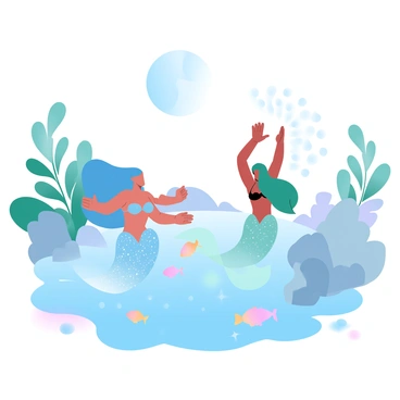 A serene lagoon with mermaids playing in crystal-clear waters under the moonlight
