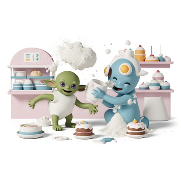 Two gremlins causing chaos in a bakery, throwing flour and icing around.