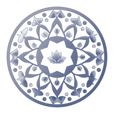 A large circular mandala design filled with intricate patterns and geometric shapes. Within the mandala, various yoga poses are illustrated, depicting individuals in different postures such as "lotus pose," "downward dog," and "warrior pose." Each figure is positioned harmoniously within the symmetrical layout. Surrounding the poses are symbols representing peace and mindfulness, including a stylized "lotus flower," "peace sign," and "om" symbol. The overall structure of the mandala reflects a sense of balance and tranquility.