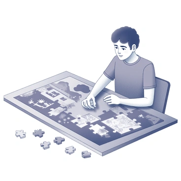 A person is seated at a table covered with a large, incomplete jigsaw puzzle. The puzzle depicts various symbols and images representing their life goals, such as a house, a graduation cap, and travel destinations. The individual has a focused expression, eyebrows furrowed in concentration. Their hand hovers over the last piece, which is intricately detailed and shaped to fit precisely into the remaining gap. Surrounding the table are scattered puzzle pieces, some turned over, while the completed sections of the puzzle showcase vibrant representations of aspirations and dreams.