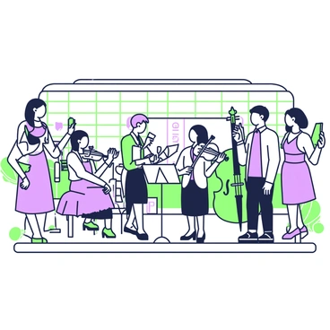 A string quartet is positioned on a subway platform, with two violinists, a violist, and a cellist playing their instruments. The musicians are dressed in formal black attire, with music stands in front of them holding sheet music. Around them, a small crowd of people has gathered, some standing with smartphones raised to capture the performance, while others are sitting on nearby benches, listening intently. The platform has tiled walls with signage, and a train can be seen approaching in the background. The atmosphere is lively, with a mix of intrigued expressions from the audience.